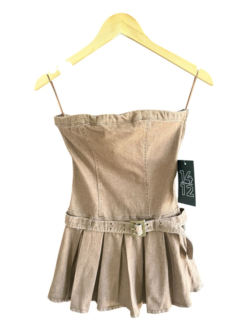 Women’s 1412 Brown Denim Utility Strapless Micro Mini Belted Dress Y2K Utility